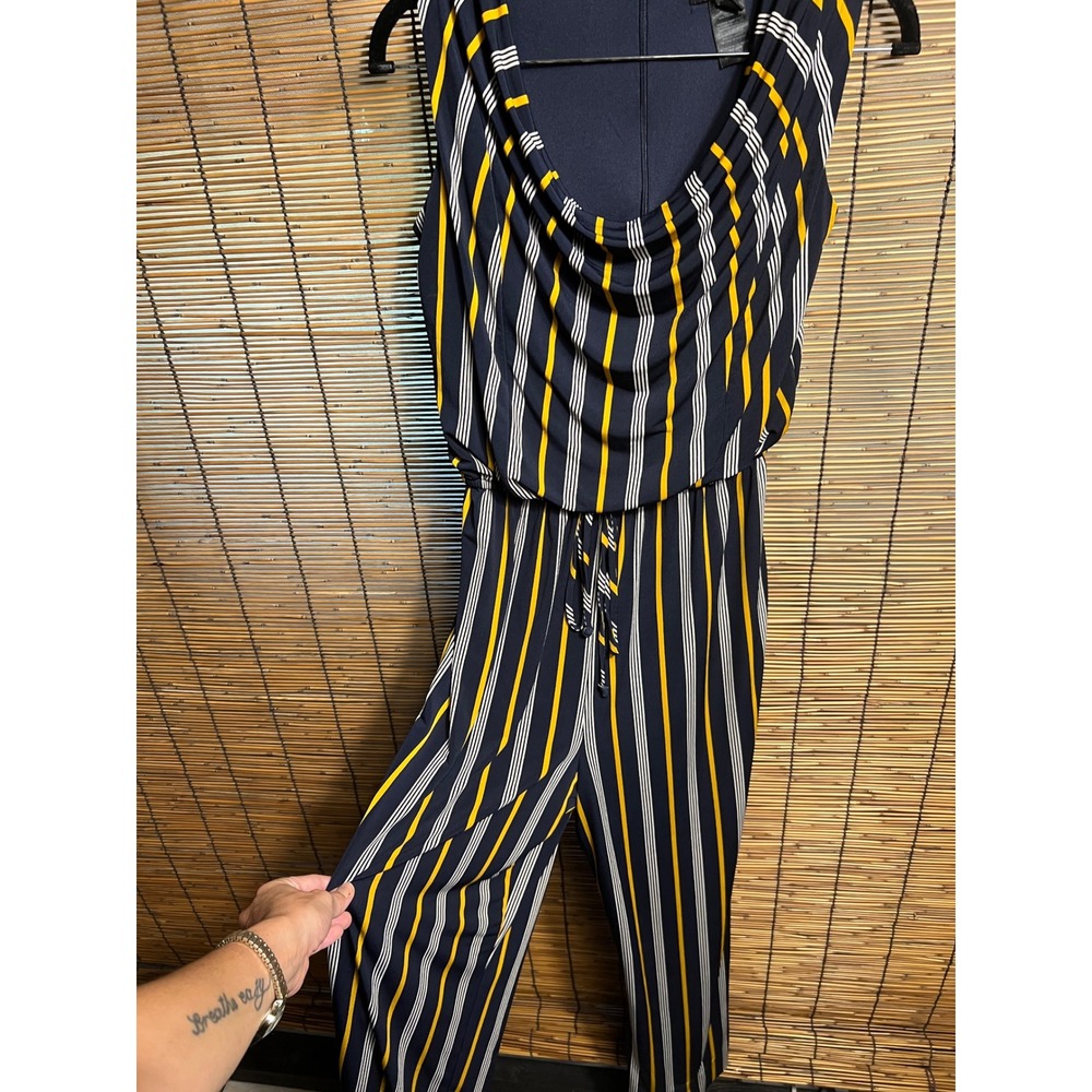 Enfocus Studio Navy Yellow Striped Cowl Neck Jumpsuit Size 6